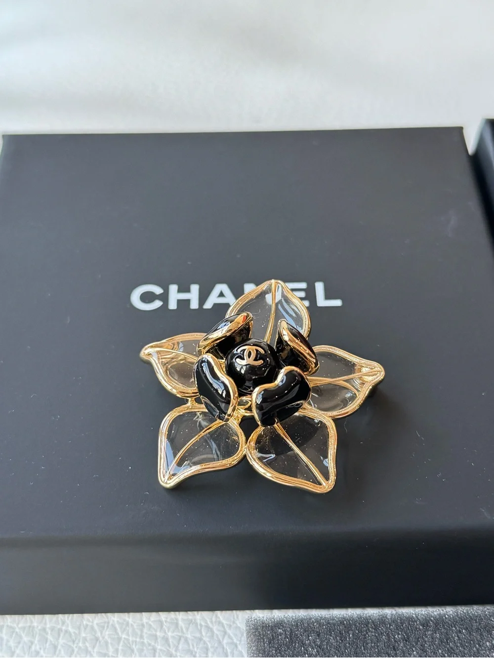 CHANEL New 2026 Black, Clear and Gold Camellia Brooch